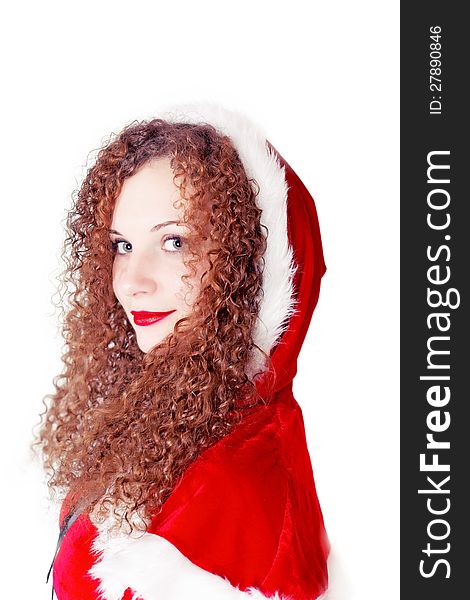 Portrait of cute curly girl dressed as Santa isolated