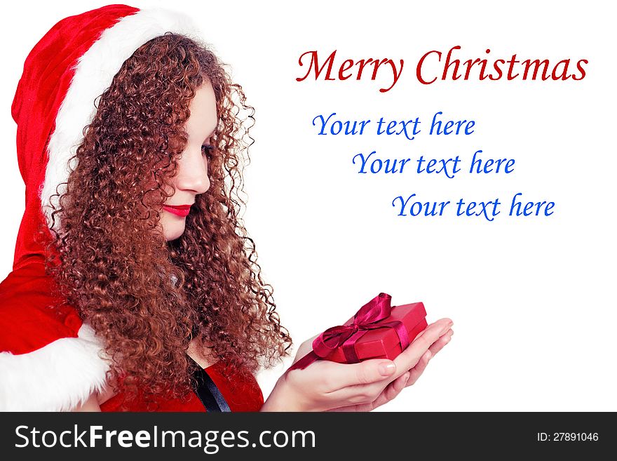 Pretty curly girl as Santa with Christmas presents isolated. Pretty curly girl as Santa with Christmas presents isolated