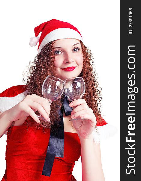 Pretty curly girl as Santa with glasses isolated