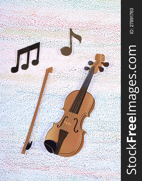 Violin with bow cut out of carton, on a neutral light background with musical notes over it