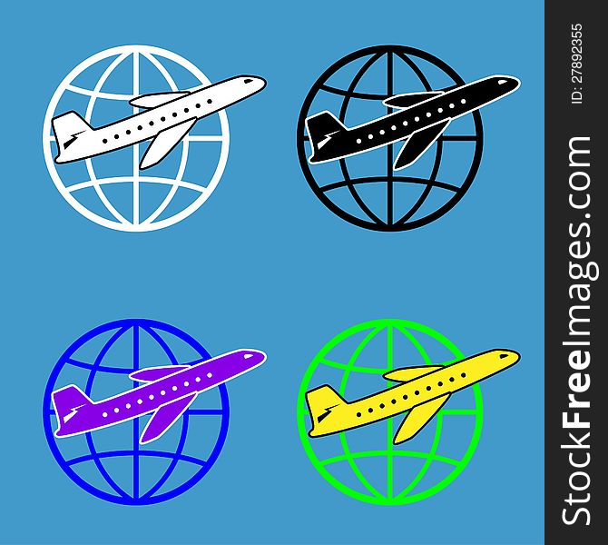 Set of 4 aircraft on a globe. 4 colors. Set of 4 aircraft on a globe. 4 colors