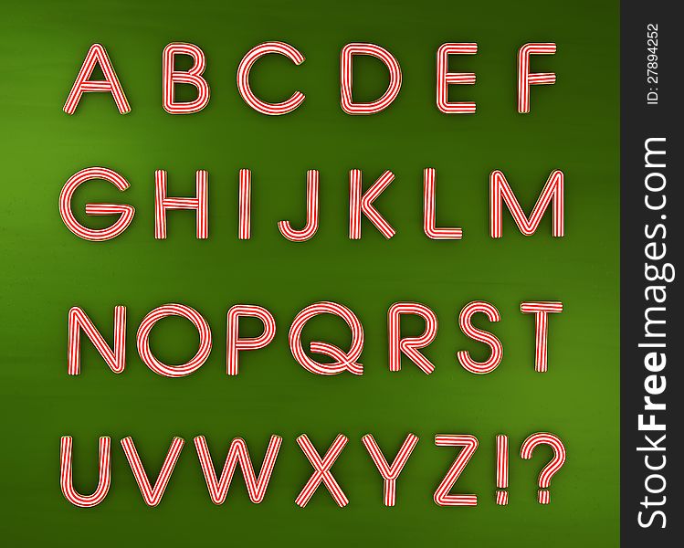 Candy cane Christmas alphabet isolated on green.