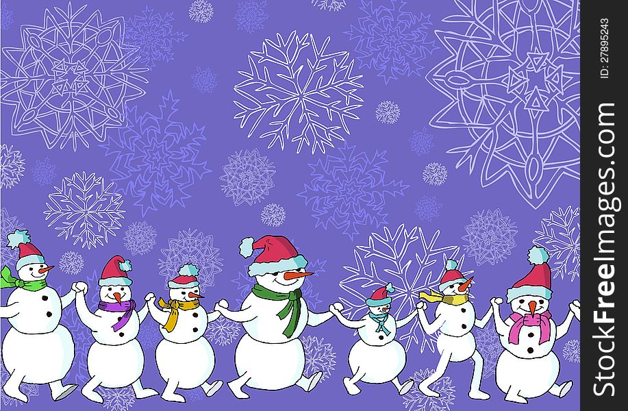 Colorful merry snowmen walking in the round dance on the lilac background with snowflakes. Colorful merry snowmen walking in the round dance on the lilac background with snowflakes