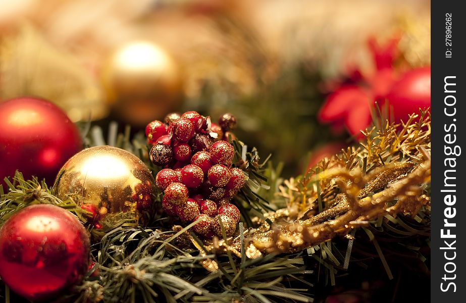 Christmas decorations - red and golden baubles
