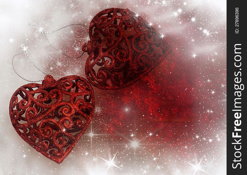 Vintage Christmas background with red hearts andcopy space. Vintage Christmas background with red hearts andcopy space