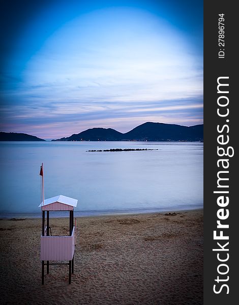 The beach of Lerici at twilight, Italy. The beach of Lerici at twilight, Italy