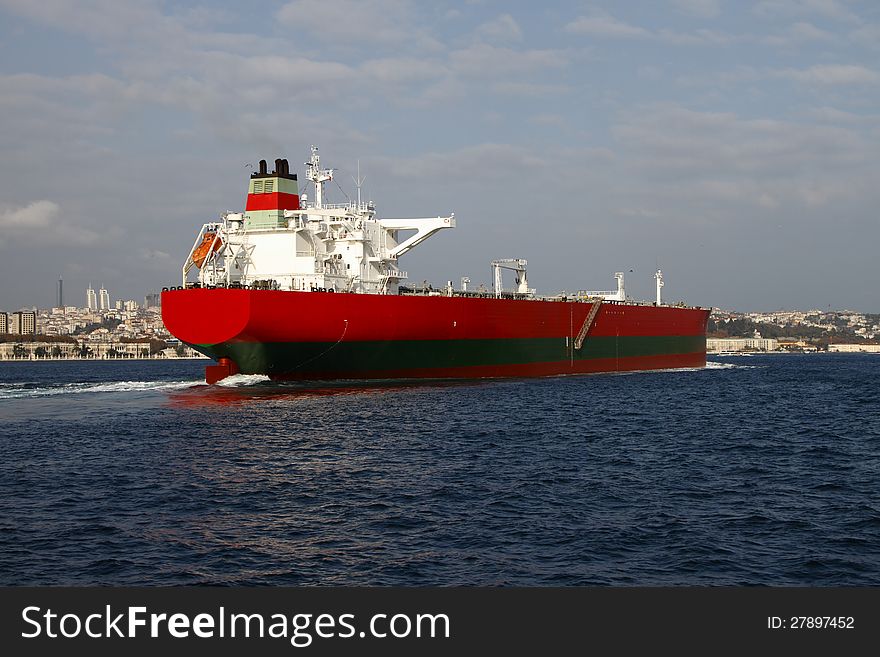 At a passing tanker ship from the Bosphorus