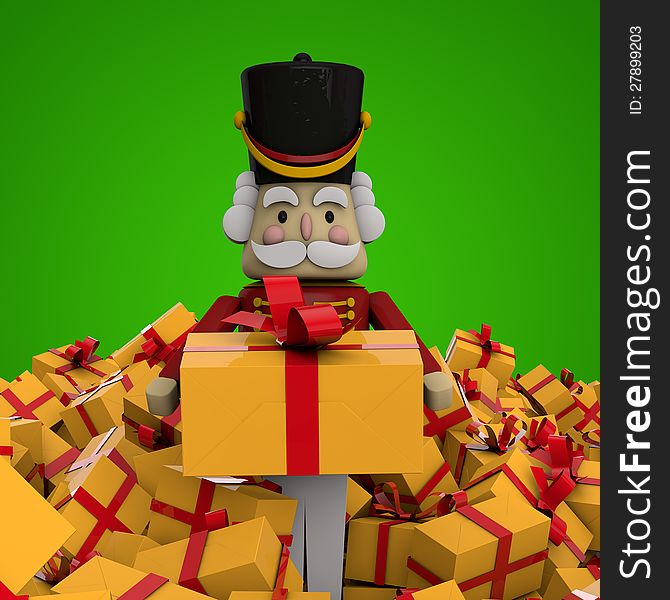 Nutcracker holding a Christmas gift in a pile of Christmas presents. Clipping path included for easy selection. Nutcracker holding a Christmas gift in a pile of Christmas presents. Clipping path included for easy selection.