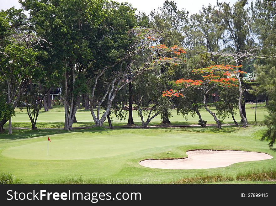 Color image of putting green and sand trap in a golf course. Color image of putting green and sand trap in a golf course.