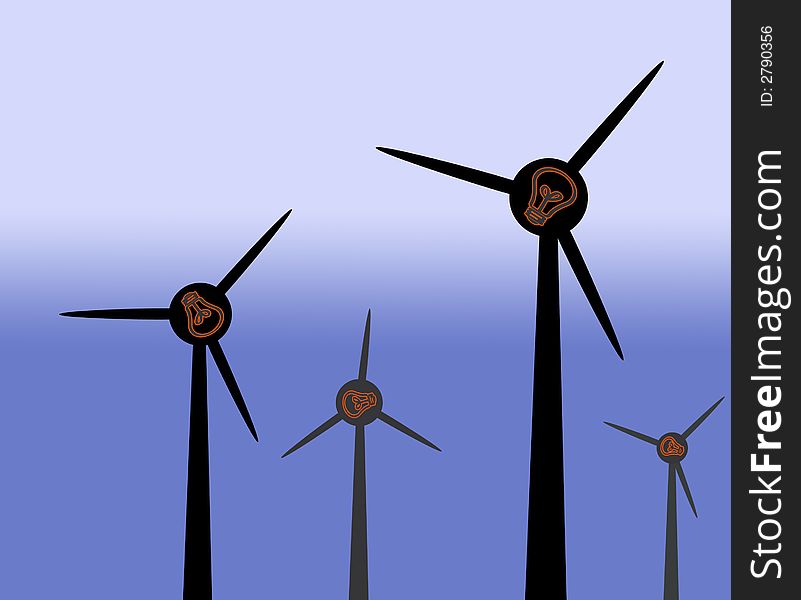 Illustration of wind generators overlaid with glowing lamps. Illustration of wind generators overlaid with glowing lamps