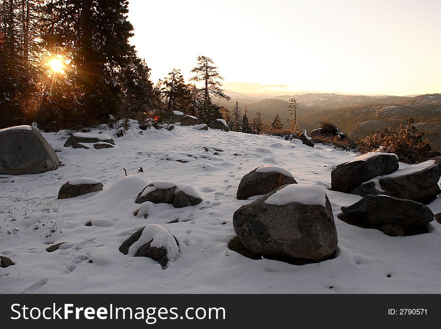 The sun peaks threw a grove of trees as it rises over the Sierra Nevada Mountains. The sun peaks threw a grove of trees as it rises over the Sierra Nevada Mountains