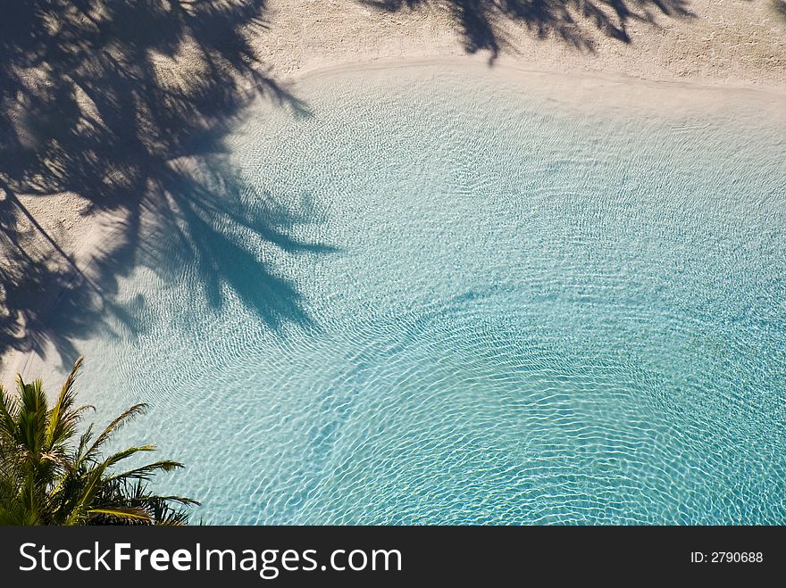 Shadows from palm trees on white sand by cool crystal clear water - paradise. Shadows from palm trees on white sand by cool crystal clear water - paradise.