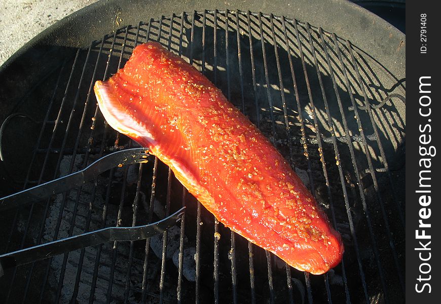 The process of barbecuing or grilling copper river salmon. The process of barbecuing or grilling copper river salmon.