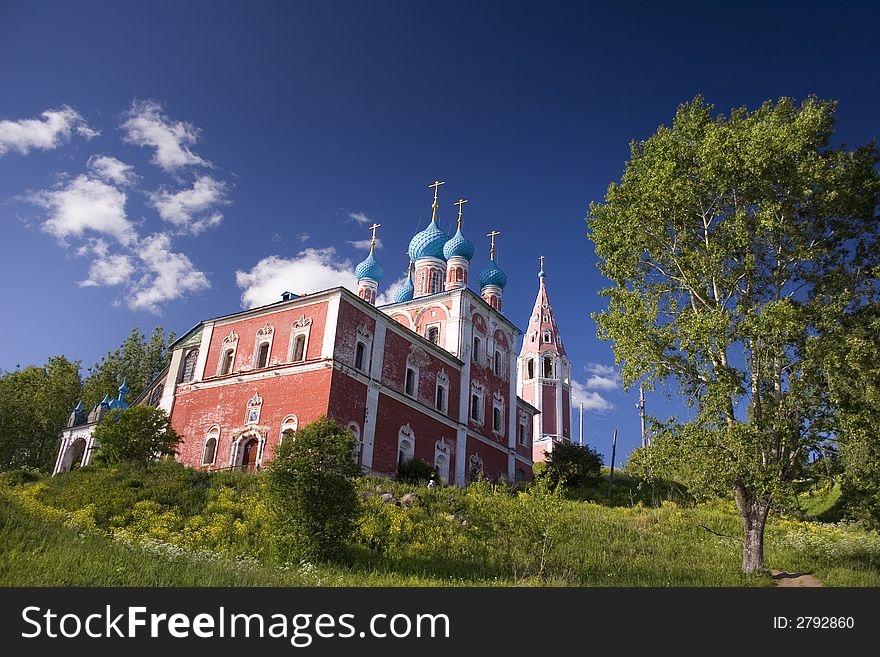 Russian Orthodox church on Volga river in Yaroslavskaya oblast