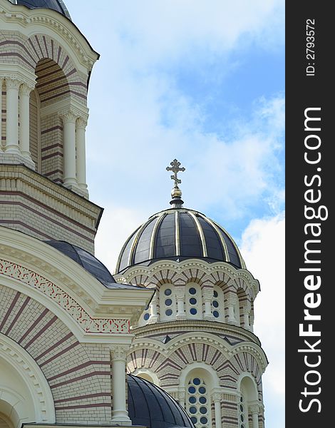 Fragment of orthodox cathedral with cloudy sky. Fragment of orthodox cathedral with cloudy sky