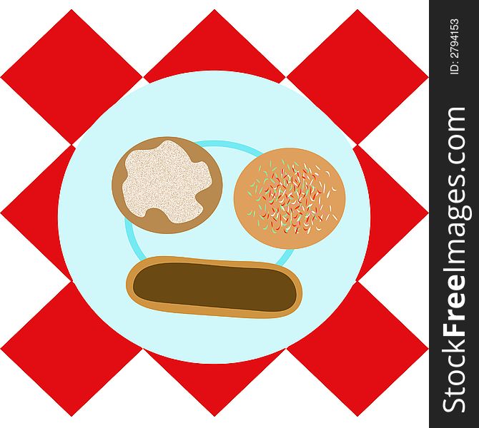 Donuts on a blue plate  on red checkered  tablecloth. Donuts on a blue plate  on red checkered  tablecloth
