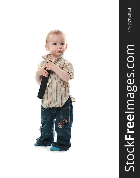 The child with a microphone on a white background