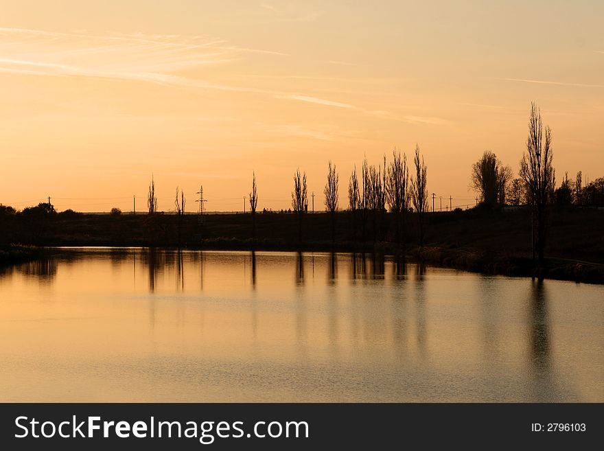 A beautiful colored sunset over the lake