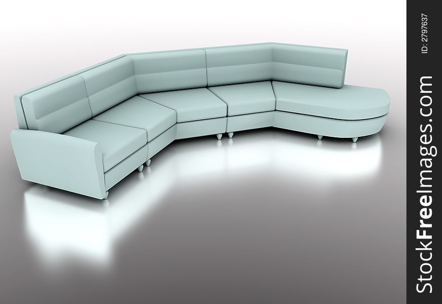 Light green modern sofa with the washed out reflection on the grey floor