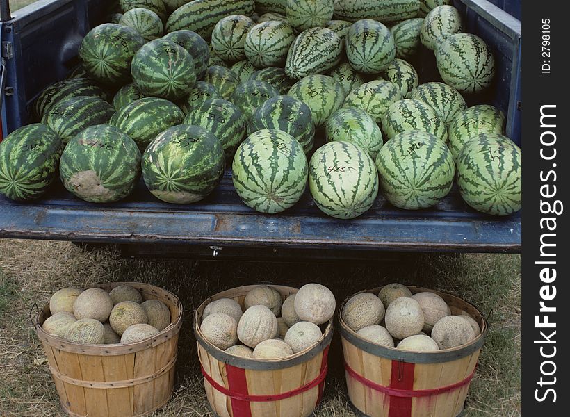 Pickup truck full of watermelons and three baskets full of cantaloupes. Pickup truck full of watermelons and three baskets full of cantaloupes
