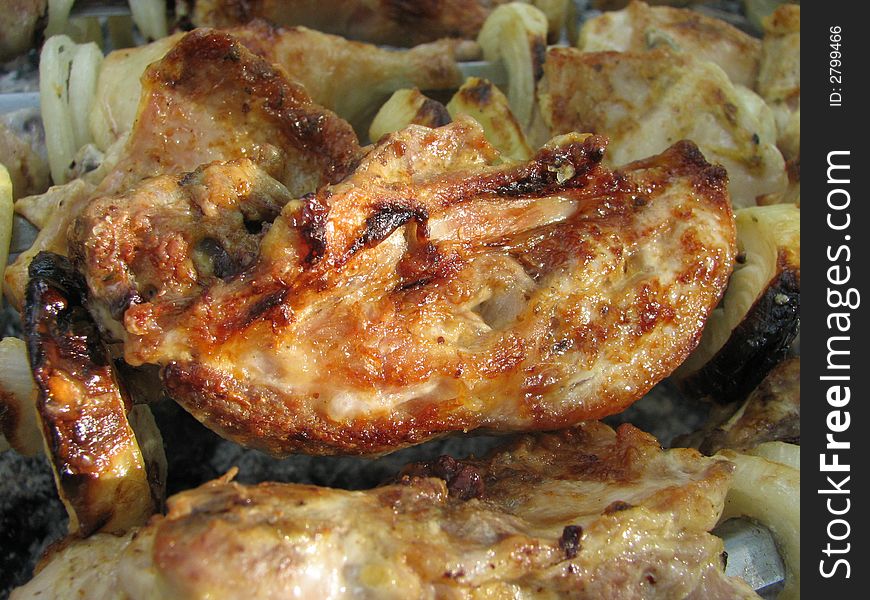 Chicken shashlik on the camp-fire