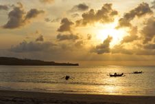Three Outrigger Canoes At Sunset Royalty Free Stock Images Three Outrigger Canoes At Sunset Royalty Free Stock Images