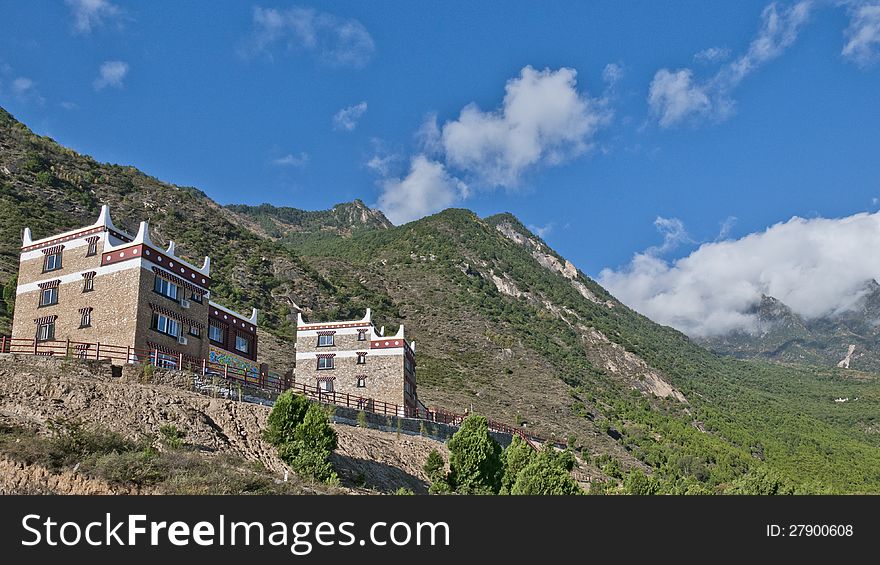 Tibetan folk houses on a hill