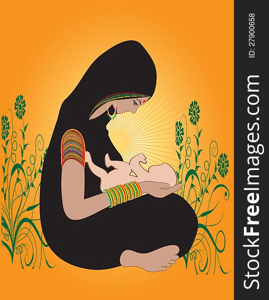 A vector illustration of an Indian Hindu women as mother caring/playing with her new born child or kid, wearing traditional dress sari(saree), bangle, bindi(sindoor/sindur) and ear rings. A vector illustration of an Indian Hindu women as mother caring/playing with her new born child or kid, wearing traditional dress sari(saree), bangle, bindi(sindoor/sindur) and ear rings