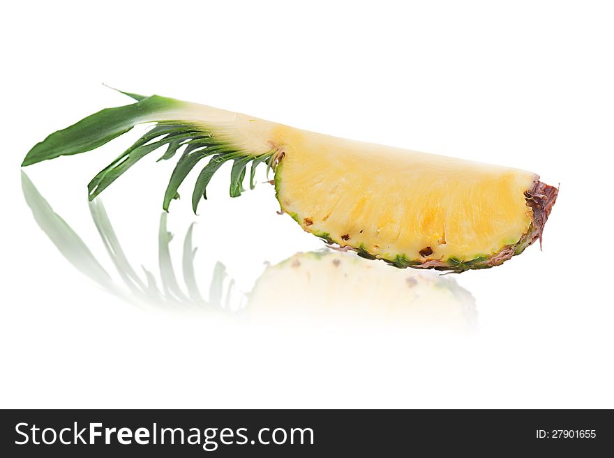 Quarter cut of ripe whole pineapple on white background