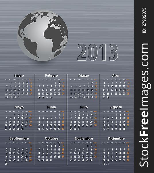 Calendar for 2013 in Spanish with globe