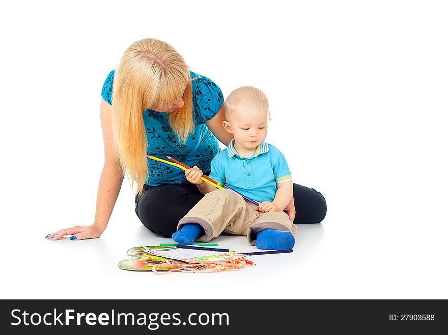 Happy family draws isolated on white background. Happy family draws isolated on white background