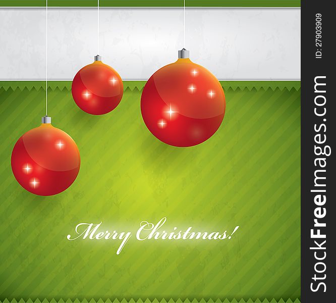 Beautiful Christmas background - green and white with red Christmas balls. Beautiful Christmas background - green and white with red Christmas balls