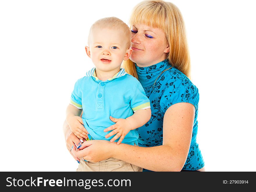 Happy portrait of the mother and child isolated on white background