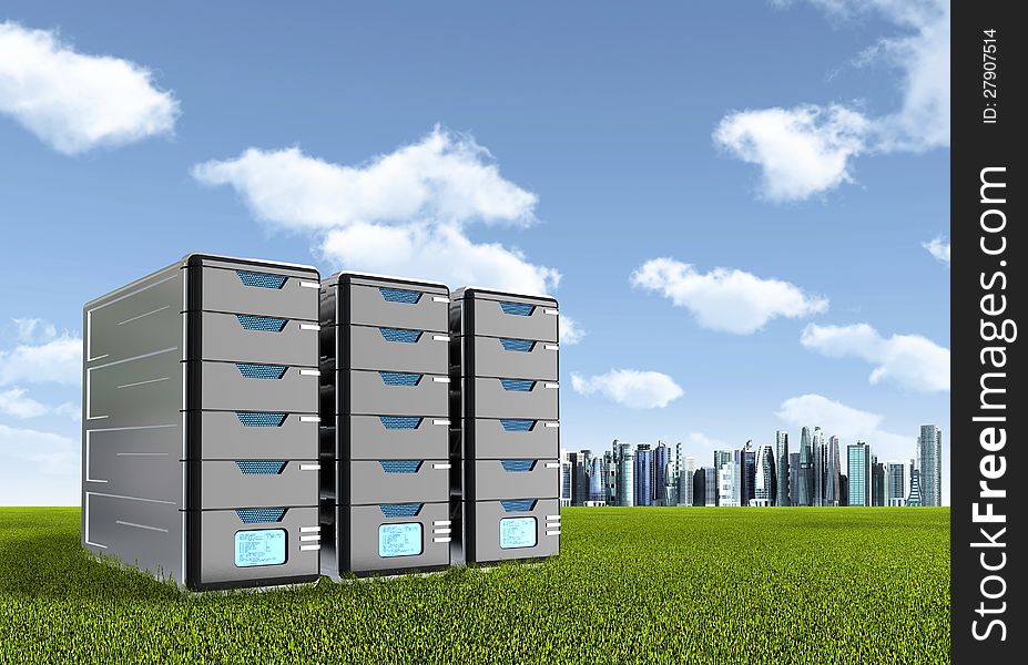 Computer Server on green grassland. A symbol of environmental friendly or green technology with modern city background. Computer Server on green grassland. A symbol of environmental friendly or green technology with modern city background