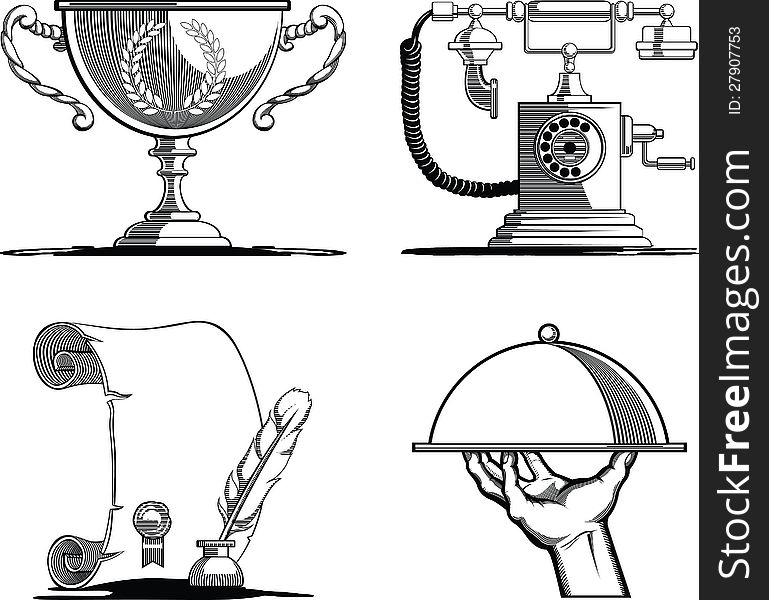 A vector set of old script, telephone, tray, and trophy in vintage style. These vectors are symbolizing achievement/success, communuciation/contact, history/information or agreement/contract, and service/product. Very good for web icons, card, brochure, or other application with classic or vintage design style. Available as a Vector in EPS8 format that can be scaled to any size without loss of quality. Each elements/objects, even the smallest shadow details, can be separated for further editing, capable of being used individually. A vector set of old script, telephone, tray, and trophy in vintage style. These vectors are symbolizing achievement/success, communuciation/contact, history/information or agreement/contract, and service/product. Very good for web icons, card, brochure, or other application with classic or vintage design style. Available as a Vector in EPS8 format that can be scaled to any size without loss of quality. Each elements/objects, even the smallest shadow details, can be separated for further editing, capable of being used individually.