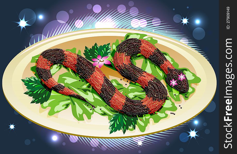 The snake made of caviar with lettuce on a plate against dark blue background. The snake made of caviar with lettuce on a plate against dark blue background