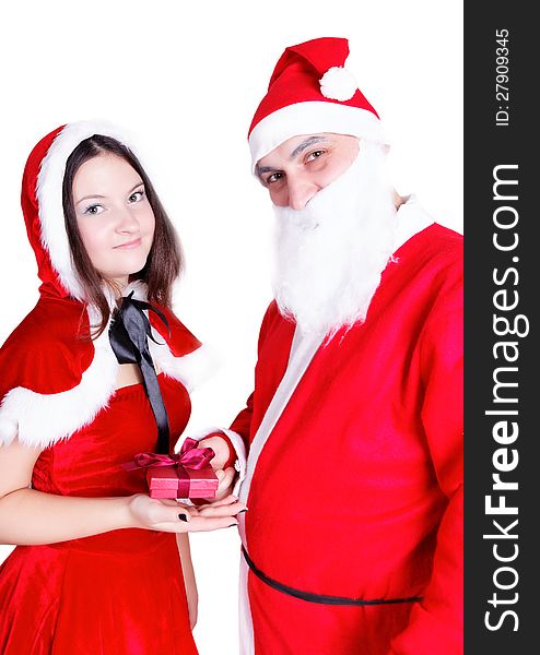 Santa Claus Snow Maiden Gives A Gift