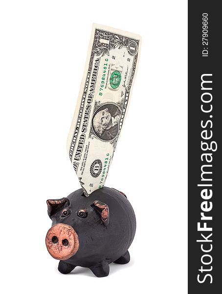 One dollar and black piggy bank isolated on white background. One dollar and black piggy bank isolated on white background