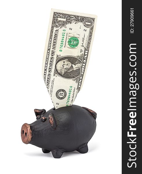 One dollar and black piggy bank isolated on white background. One dollar and black piggy bank isolated on white background