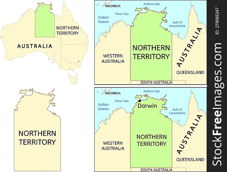 Northern Territory state location on map of Australia. Capital city is Darwin