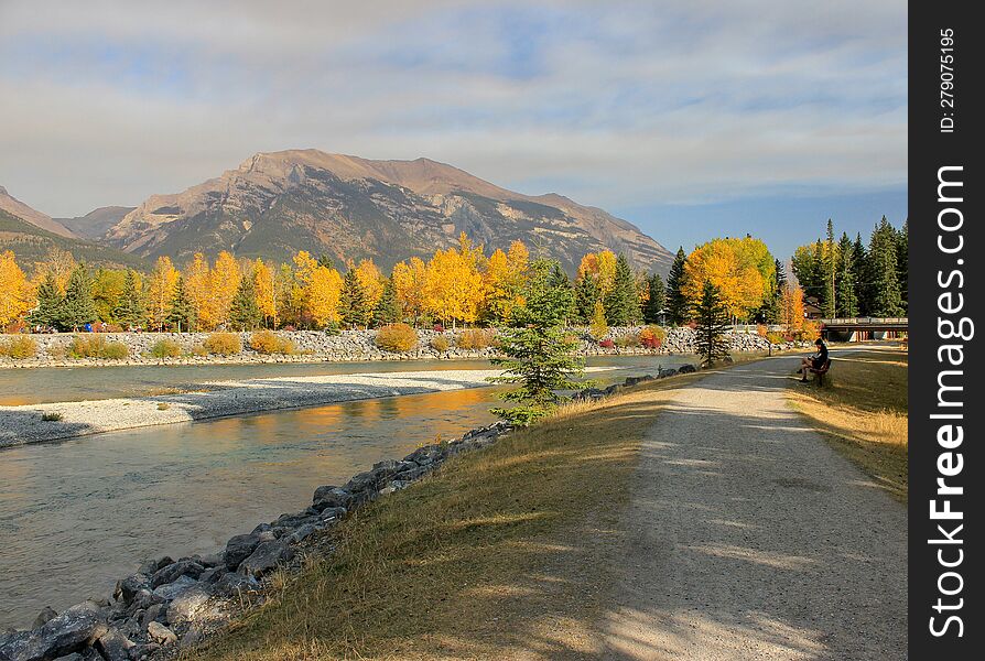 Bow river and gravel walk path, Canmore Alberta