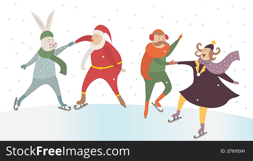 Cute friends dancing on ice in winter.Digital illustration.