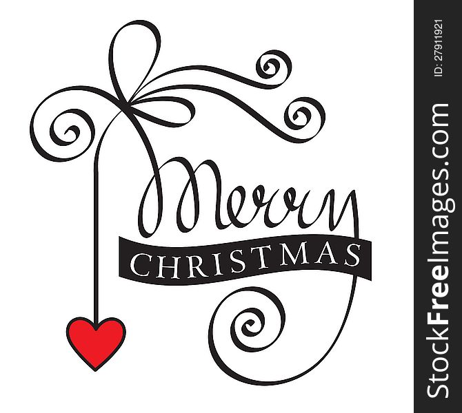 Merry christmas hand lettering with robbon and heart toy