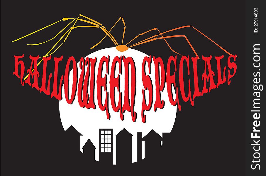 Vector graphic headline for Halloween Specials with spider, moon and city night sky