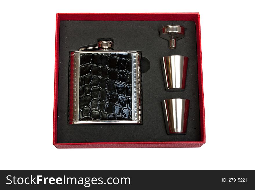 Shiny Hip flask and cups with white background