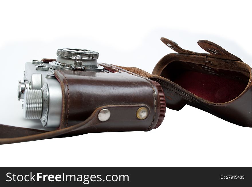 Retro photocamera in a leather case