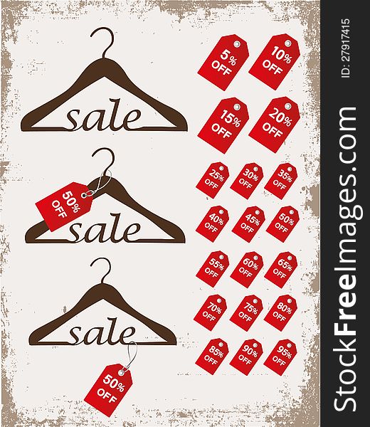 Set of hangers with word SALEon a vintage grunge background and tags with sale percent