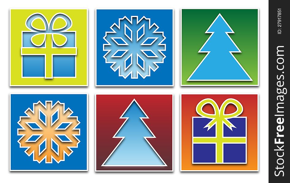 Set of pictograms with Christmas tree and package and snowflakes. Set of pictograms with Christmas tree and package and snowflakes