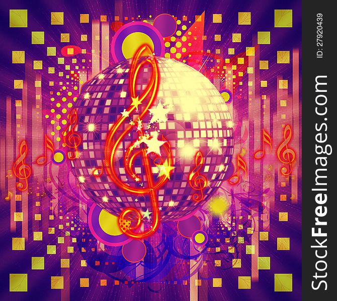 Illustration of abstract musical background with music notes and disco ball. Illustration of abstract musical background with music notes and disco ball.