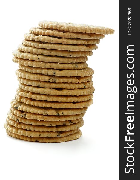 Stack of Dry Biscuits closeup isolated on white background